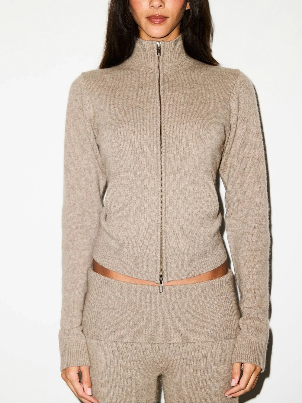 Skims Large Women's Zip-Up Mock Neck Sweater - Taupe